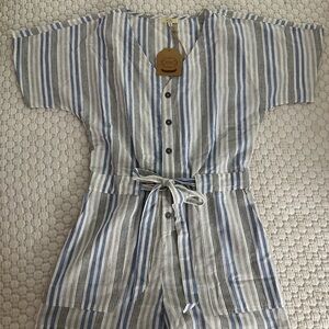 Blue & White Striped Waist-Tie Jumpsuit